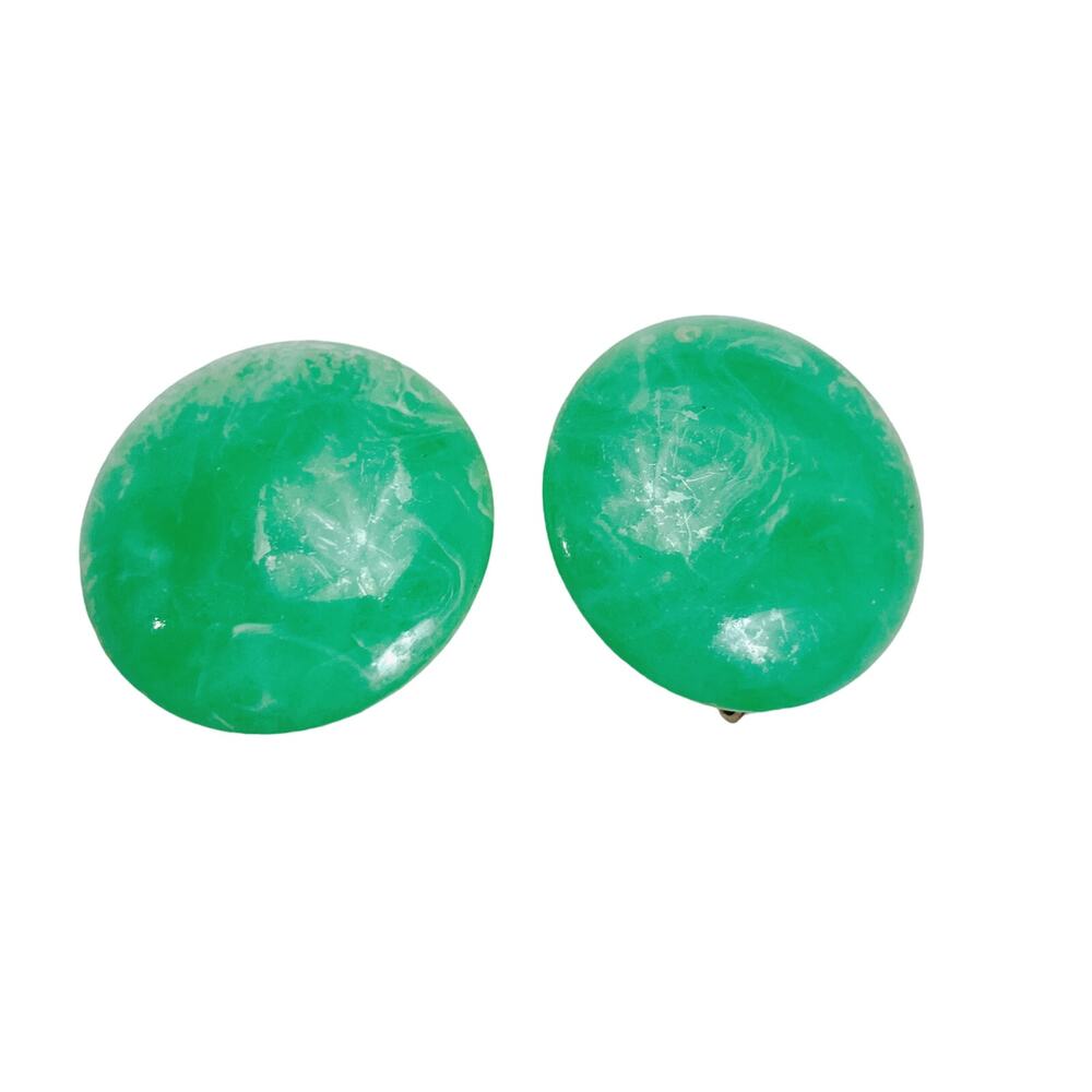 VTG Mint Green Moonglow Clip On Earrings Signed Hong Kong Lucite Dome 1950s MCM